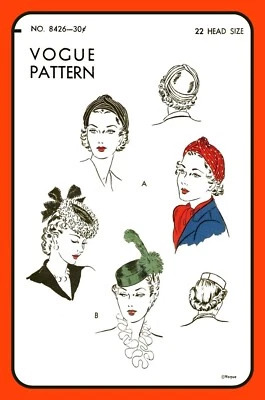 Draped TURBAN Pattern Hat FASCINATOR Pillbox Vogue 8426 Vtg 1943 Sewing Craft - Image 1 of 4