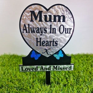 Memorial Plaque Gift Mum Heart Shaped Grave Tribute Blue Sparkle Butterfly - Picture 1 of 4