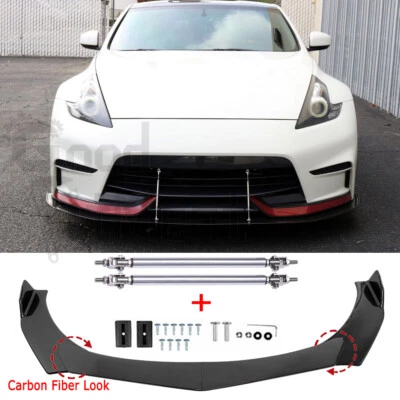Divisor de labios de parachoques delantero de fibra de carbono de 4 piezas para Nissan 370Z 2009-2020 + varillas de puntal Foto 1 de 4