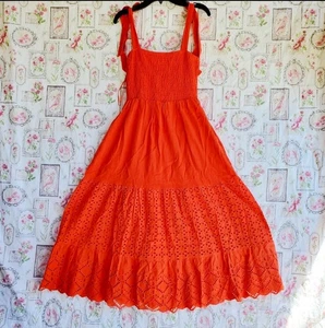 Women's Orange Tie Shoulder Smocked Maxi Dress with Pockets Eyelet Hem Size S - Picture 1 of 7