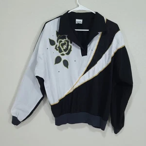 Vintage 80s Top Teddi Sport Womens 10 Black White Blouson Retro Floral Dolman - Picture 1 of 11