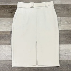 Ann Taylor Pencil Skirt Women’s Sz 4 Off White Belted Front Slit Stretch Lined - Picture 1 of 9