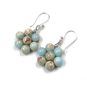 Sterling Silver Sea Sediment Jasper Sister Drop Dangle Beaded Delicate Earrings - Picture 1 of 8