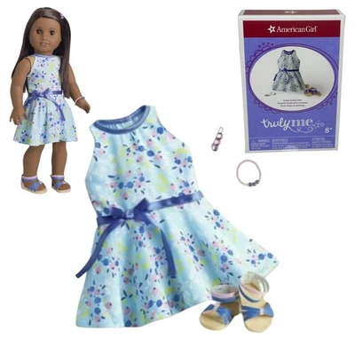 American Girl Primavera Conjunto Muñeca Ropa Azul Vestido Zapatos Pulsera Pasador Caja Foto 1 de 4