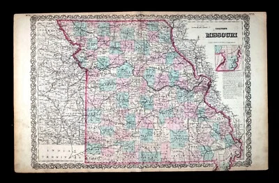1874 Colton Map Missouri St. Louis Kansas City Jefferson Columbia Springfield MO - Image 1 of 4