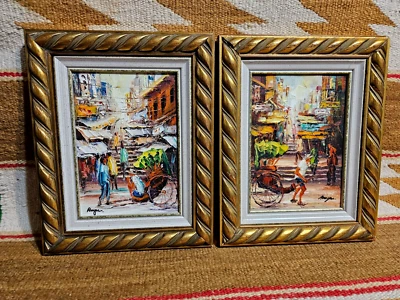 🔴⚪🔵 Pair Mid Century MCM Asian Cityscape Oil on Canvas Impasto Painting 1960s  - Image 1 of 4