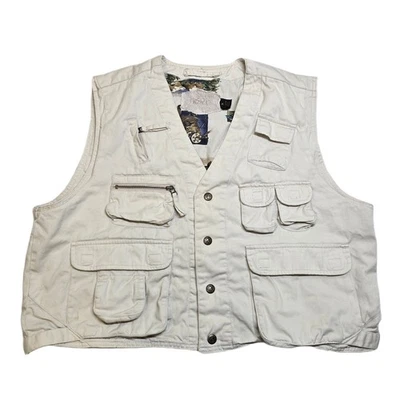 Chaleco de Pesca Woolrich Para Hombres XL Blanco Tostado Algodón Exterior Utilidad Estampado de Peces De Colección Foto 1 de 4