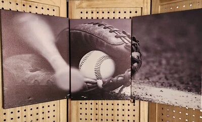 3 Piece Canvas Wall Art Aged Vintage Baseball Background Black And White 16x12 - Image 1 of 4