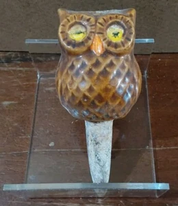 Ceramic Owl Plant Water Spike Feeder Aid Vintage Glazed Brown Yellow Eyes - Picture 1 of 3