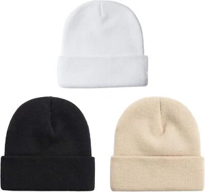 3 PACKS Unisex Beanie Hats for Men Women Winter Knit Black+white+darkbeige - Picture 1 of 9