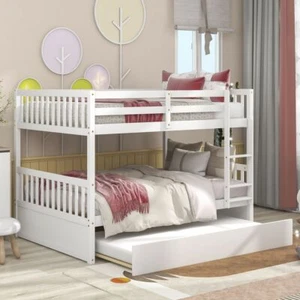 Full Over Full Bunk Bed with Trundle Wood Full Bunkbed Frame Adjustable to 2 Bed - Picture 1 of 9