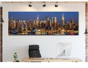 Horizonte nocturno de la ciudad de Nueva York imagen panorámica impresión de lona decoración del hogar arte de pared - Imagen 1 de 7