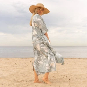 GREY PALM' Women's Cotton Kimono Robe - Timeless Style - Picture 1 of 5