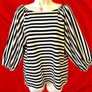 Ann Taylor Factory Blouse Top Striped Puff Sleeve Womens L Petite Scoop Neckline - Picture 1 of 9