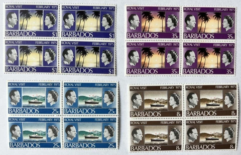 1975 BARBADOS QUEEN ELIZABETH II ROYAL VISIT LOT OF FOUR MINT STAMPS BLOCKS Cover