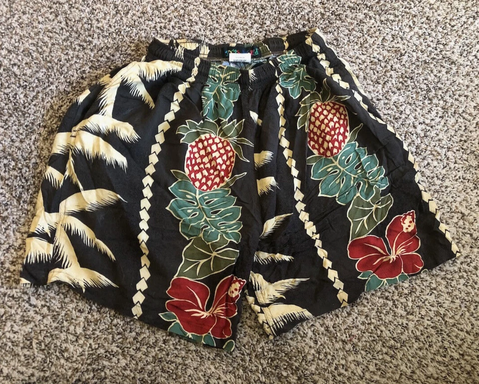 Shorts feminino vintage Jams World Havaí pequeno 100% rayon "palma de abacaxi" - Imagem 1 de 4