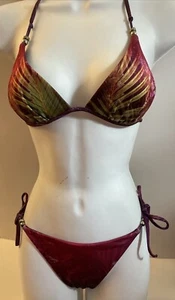 H&M Triangle Bikini Swimwear Size 4 Tropical Purple and Green Palms Adjust - Picture 1 of 12