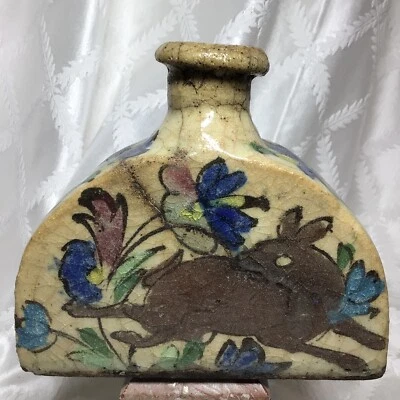Antigo centavo do início do século XIX. QAJAR DYNASTY JAR FRASCO DE ESPECIARIAS FLORAL PÁSSARO VEADO ESTILO LZNIK - Imagem 1 de 4