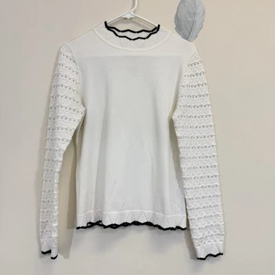Karen Millen Women’s Pullover Sweater Size L Open Knit Sleeve Ivory Black Trim - Image 1 of 4
