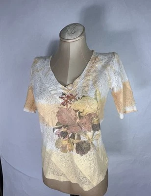 Blusa Feminina Vintage Love Amour Estampa Floral Renda Manga Curta Tamanho P - Imagem 1 de 4