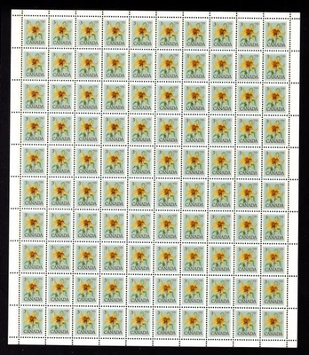 708, Canadá, Hoja de error de 100, "Todo marrón desplazado a la derecha", MNH, Lirio, Flor Foto 1 de 2