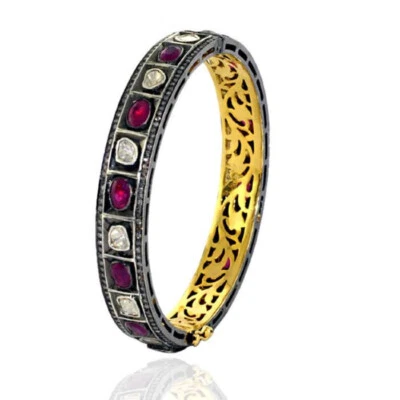 925 Sterling Silver Ruby Gemstone, Uncut Polki & Pave Diamond Victorian Bangle. - Image 1 of 4
