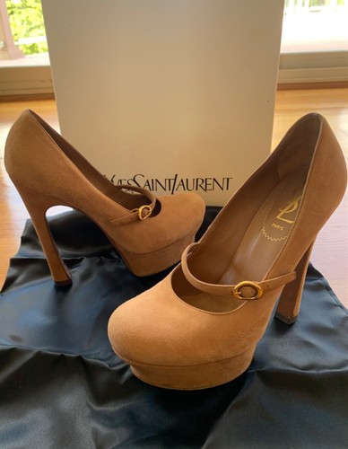 SAINT LAURENT (YSL) YSL PALAIS 105 CATENA MJ BAMBINO SCAMOSCIATO TAN PUMP scarpe tacco alto plateau taglia 7 5