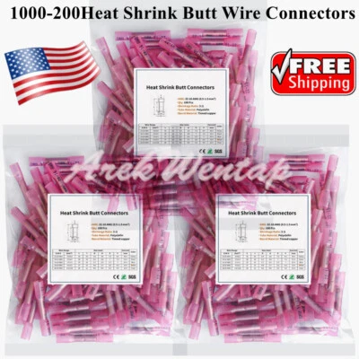 1000Pcs Heat Shrink Waterproof Wire Connectors Red 22-16 AWG Butt Seal Terminals - Image 1 of 4