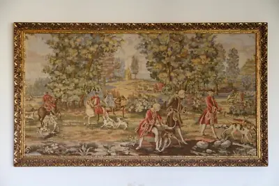 Antique French Country Hunting Picture Tapestry In Gilded Frame. Horses & Dogs • 100$