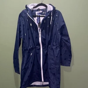 NWT Peter Nygard Lg Navy Blue Polka Dot Hooded Anorak Rain Coat Adj. Waist Zip - Picture 1 of 15