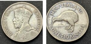 1934 New Zealand 1 Florin Coin AU   .500 Silver   High grade World Coin   D166 