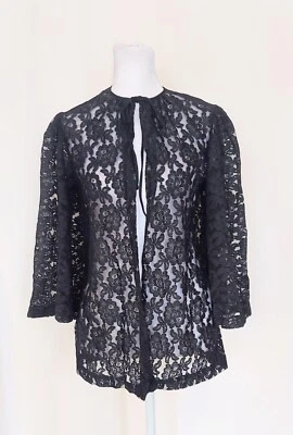 Saks Fifth Ave Size Small Tie Neck Bell Sleeve Black Lace Floral Open Front Top - Image 1 of 4