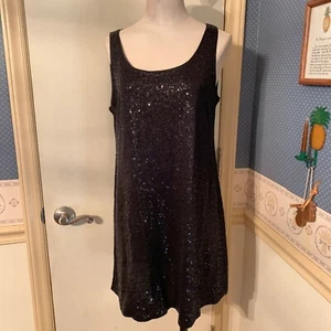 Eileen Fisher Size M Black Long Slim Silk Tank in Sequin Stretch - Picture 1 of 8
