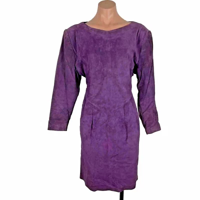 Vintage 80s Lauren Allen Purple Suede Leather Sheath Dress 12 WESTERN - Image 1 of 4