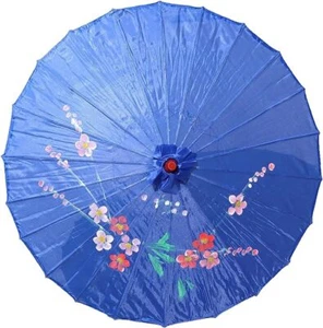 32" Inch Dia Blue Floral Wood Bamboo Nylon Parasol Umbrella Decoration - Picture 1 of 3