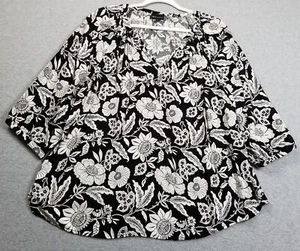 Jones New York Top Women 1X Plus Black White Floral ¾ Sleeve Spring Summer Rayon - Picture 1 of 10