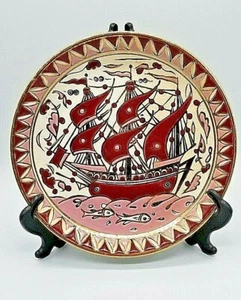 VTG DAKAS CERAMIC KERAMIK RHODES ARCHAGELOS GREEK PLATE W SHIP & FISH - Picture 1 of 4