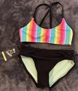 Art Class Striped Top Black Bottom Bikini Two-Piece Swimsuit Girls S 6-7 NWT NEW - Picture 1 of 17