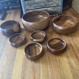 Vintage Hawaiian Monkey Pod Wood Salad Bowl Set Blair Hawaii 7 Piece Tiki MCM - Picture 1 of 24