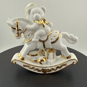 White & Gold Trim Rocking Horse w/Teddy Bear Christmas Ornament 4" x 4" - Picture 1 of 11