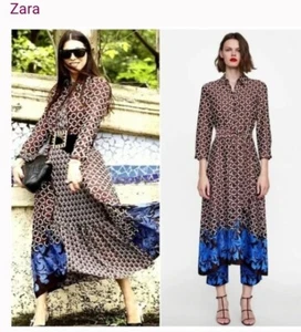 Zara Size XS 2-4 Geometric Print Midi Maxi Belted Shirt Dress Bloggers Fave - Picture 1 of 14