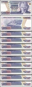 Turkey 500,000 500000 Lira 1994 (1993) , UNC, 10 Pcs LOT, Prefix F, P-208c - Picture 1 of 5