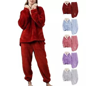 Fuzzy Pajamas Set for Women Winter Warm Fluffy Loungewear Soft Fleece Pj Pants - Picture 1 of 39