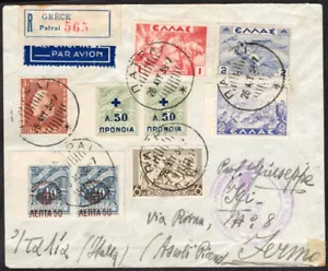 1717 GRECIA-ITALIA COPERTINA POSTA AEREA REGISTRATA 1938 PATRAS - TERMU bello! - Foto 1 di 2