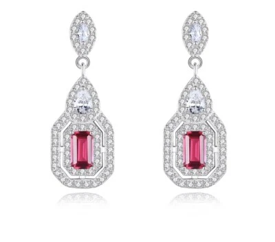 Brincos de prata esterlina 925 folheados a platina com pedra preciosa de rubi com zircônia cúbica  - Imagem 1 de 3