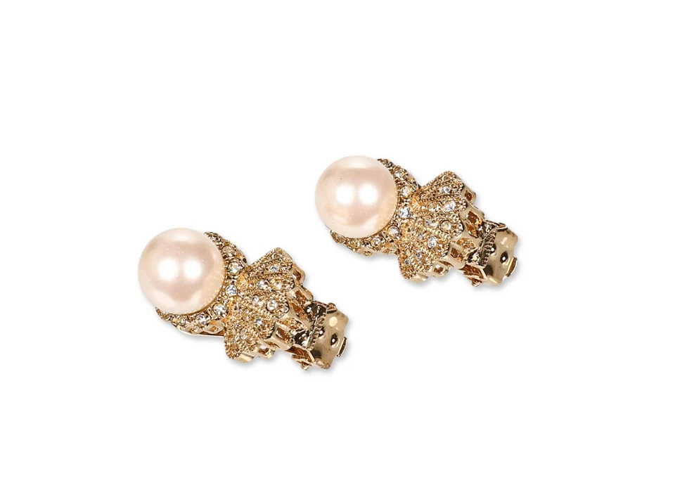 Nadri Gold Tone Pave Faux Pearl Earrings Clip Item M