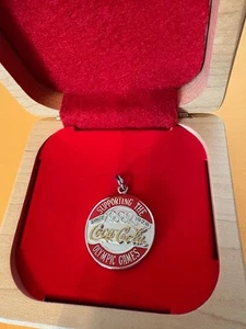 COCA COLA OLYMPICS CHARM IN EMBOSSED WOOD BOX NOT PIN ATLANTA STERLING SILVER - Picture 1 of 4