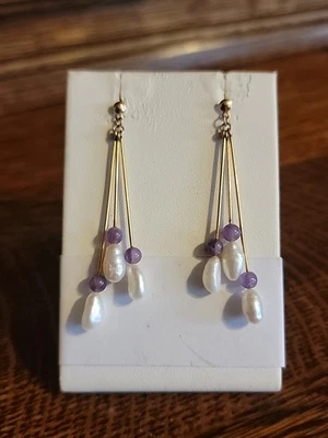 Estate 14k Solid Gold Baroque Pearl & Amethyst Drop Earrings - Image 1 of 4