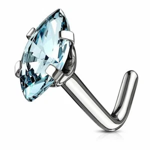 20g Surgical Steel Fancy Marquise Shape CZ L Bend Shaped Nose Ring Stud - Picture 1 of 12