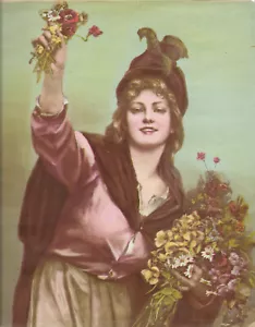 De colección 1882 HERMOSA MUJER SOSTENIENDO FLORES Nido de Pájaro en Reverso IMPRESIÓN S3 - Imagen 1 de 3